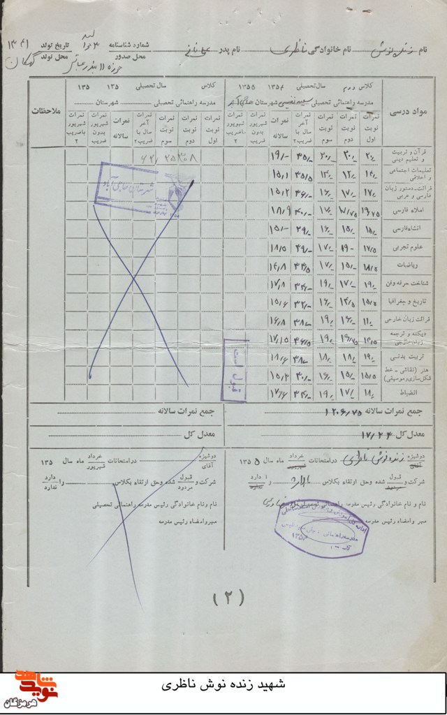 اسناد تحصیلی به جا مانده از شهید «زنده نوش ناظری»